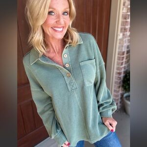 Button Down Collared Washed Henley Top